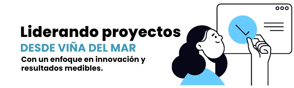 Ilustración con texto: "Liderando proyectos desde Lima con un enfoque en innovación y resultados medibles".